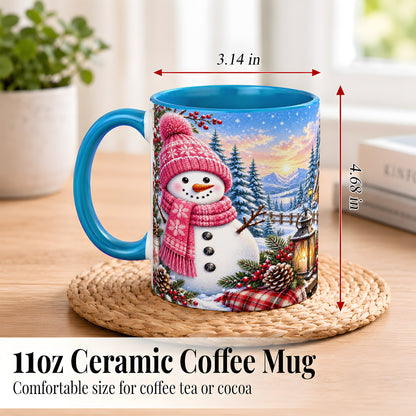 #pl[11oz|Blue] Pink Snowman Coffee Mug, Cozy Winter Mug, Ceramic Cup