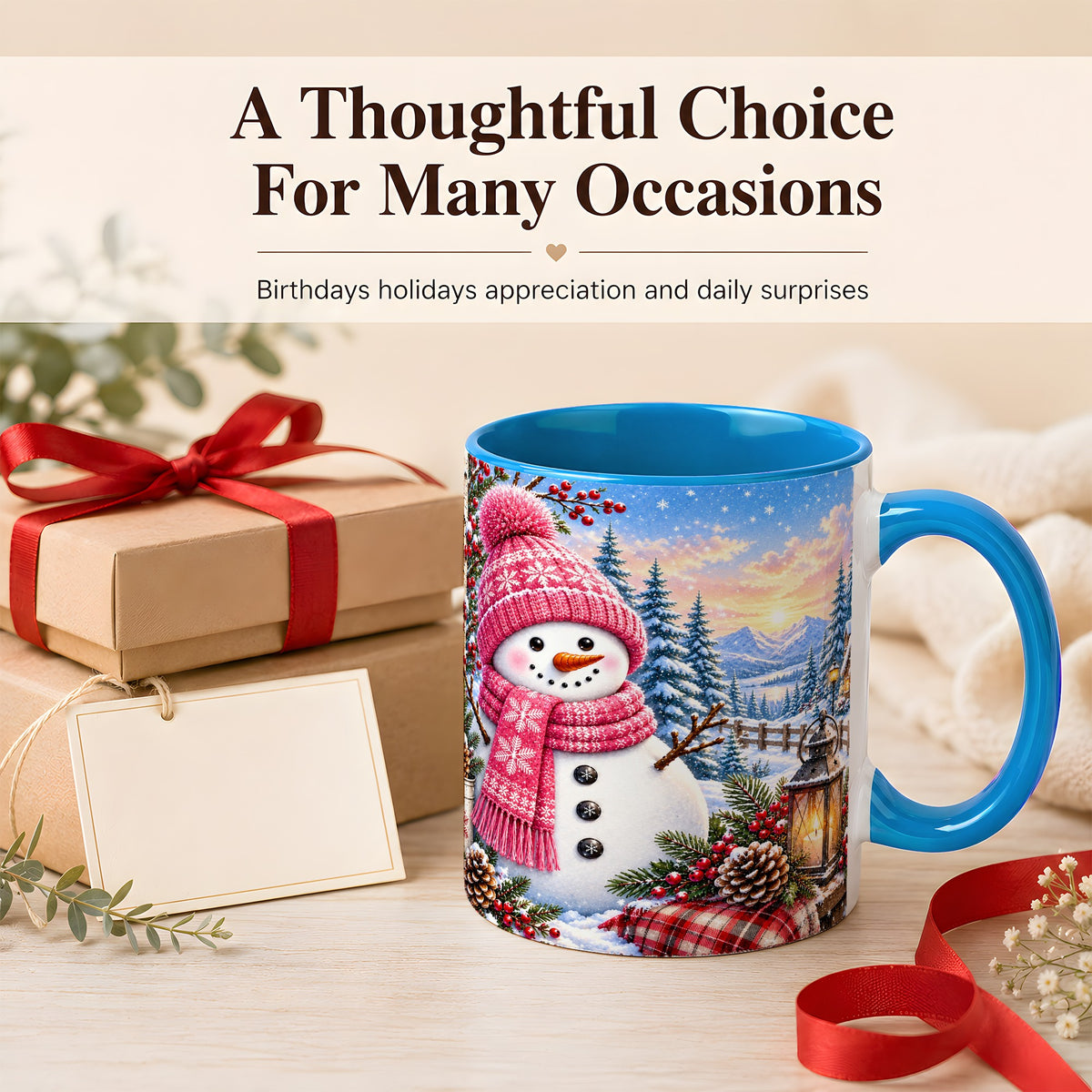 #pl[11oz|Blue] Pink Snowman Coffee Mug, Cozy Winter Mug, Ceramic Cup