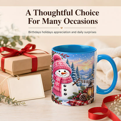 #pl[11oz|Blue] Pink Snowman Coffee Mug, Cozy Winter Mug, Ceramic Cup