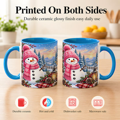 #pl[11oz|Blue] Pink Snowman Coffee Mug, Cozy Winter Mug, Ceramic Cup