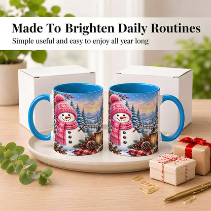 #pl[11oz|Blue] Pink Snowman Coffee Mug, Cozy Winter Mug, Ceramic Cup