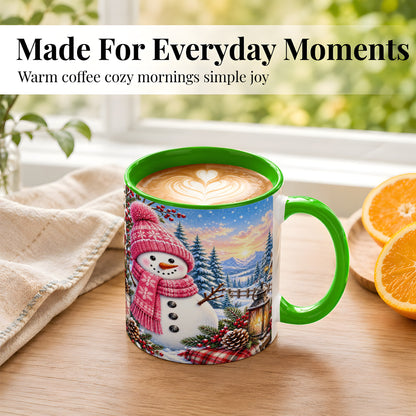 #pl[11oz|Green] Pink Snowman Coffee Mug, Cozy Winter Mug, Ceramic Cup