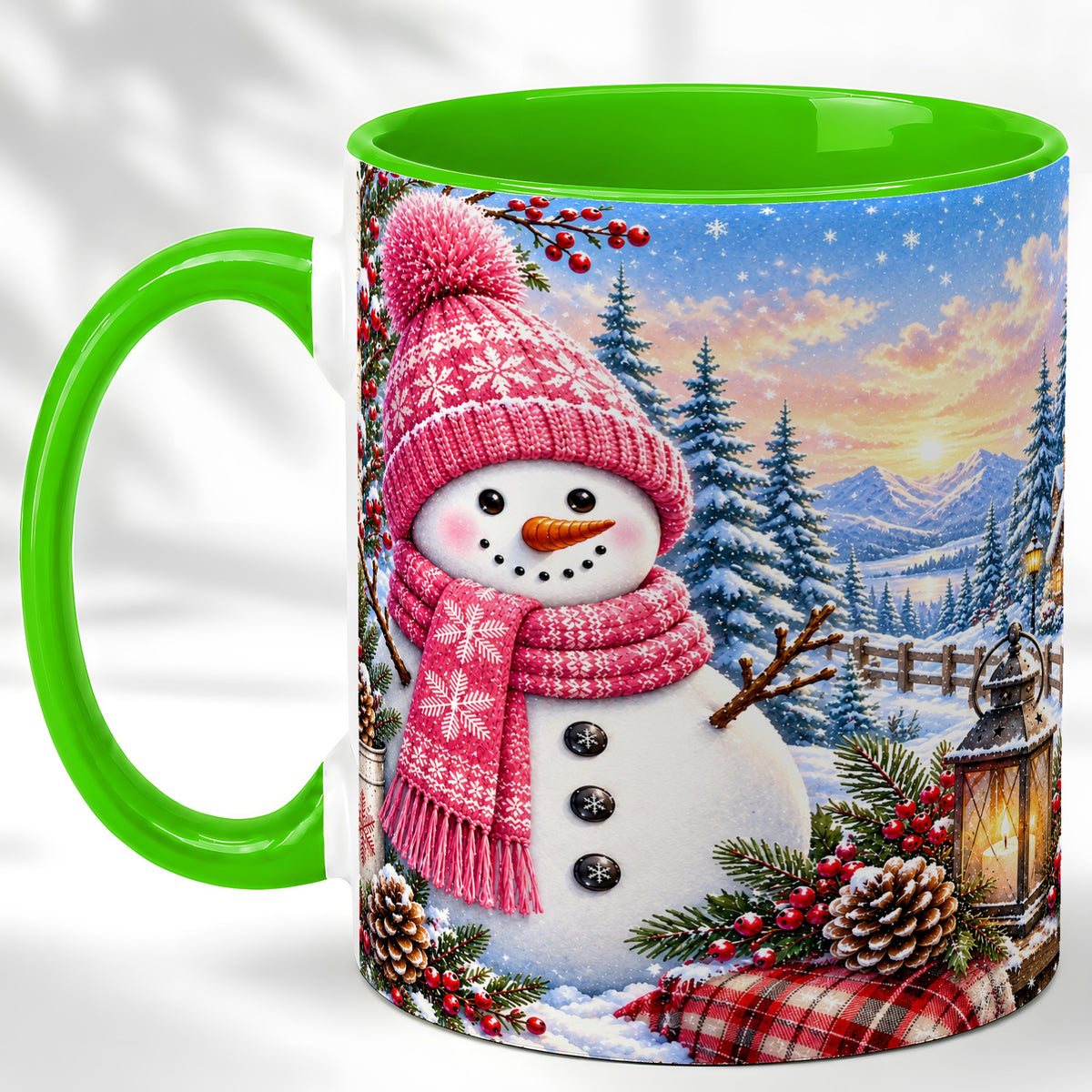 #pl[11oz|Green] Pink Snowman Coffee Mug, Cozy Winter Mug, Ceramic Cup