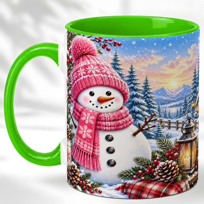 #pl[11oz|Green] Pink Snowman Coffee Mug, Cozy Winter Mug, Ceramic Cup