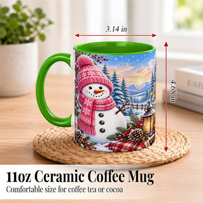 #pl[11oz|Green] Pink Snowman Coffee Mug, Cozy Winter Mug, Ceramic Cup