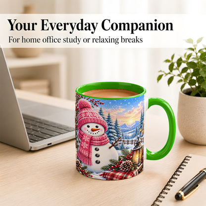 #pl[11oz|Green] Pink Snowman Coffee Mug, Cozy Winter Mug, Ceramic Cup