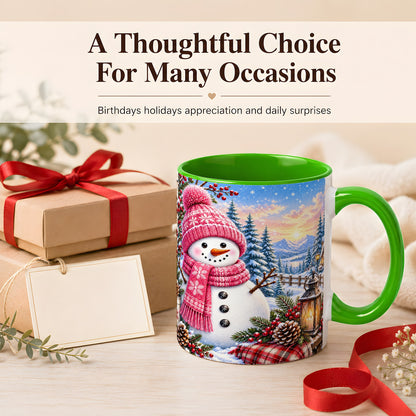 #pl[11oz|Green] Pink Snowman Coffee Mug, Cozy Winter Mug, Ceramic Cup