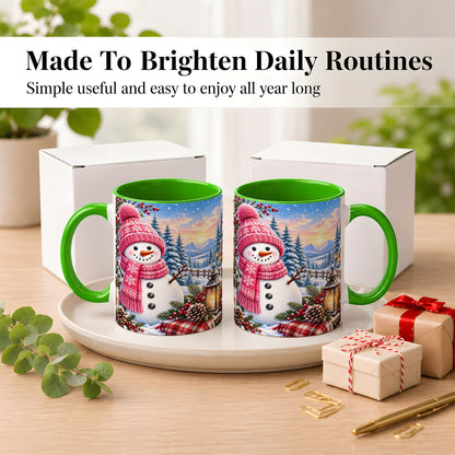 #pl[11oz|Green] Pink Snowman Coffee Mug, Cozy Winter Mug, Ceramic Cup