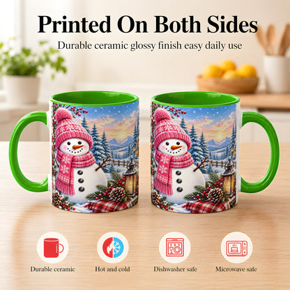 #pl[11oz|Green] Pink Snowman Coffee Mug, Cozy Winter Mug, Ceramic Cup