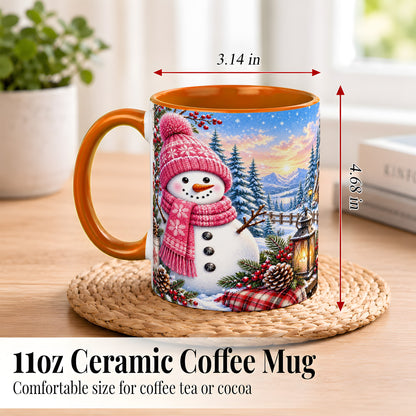 #pl[11oz|Orange] Pink Snowman Coffee Mug, Cozy Winter Mug, Ceramic Cup