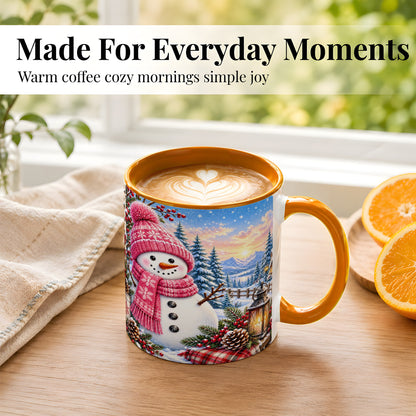 #pl[11oz|Orange] Pink Snowman Coffee Mug, Cozy Winter Mug, Ceramic Cup
