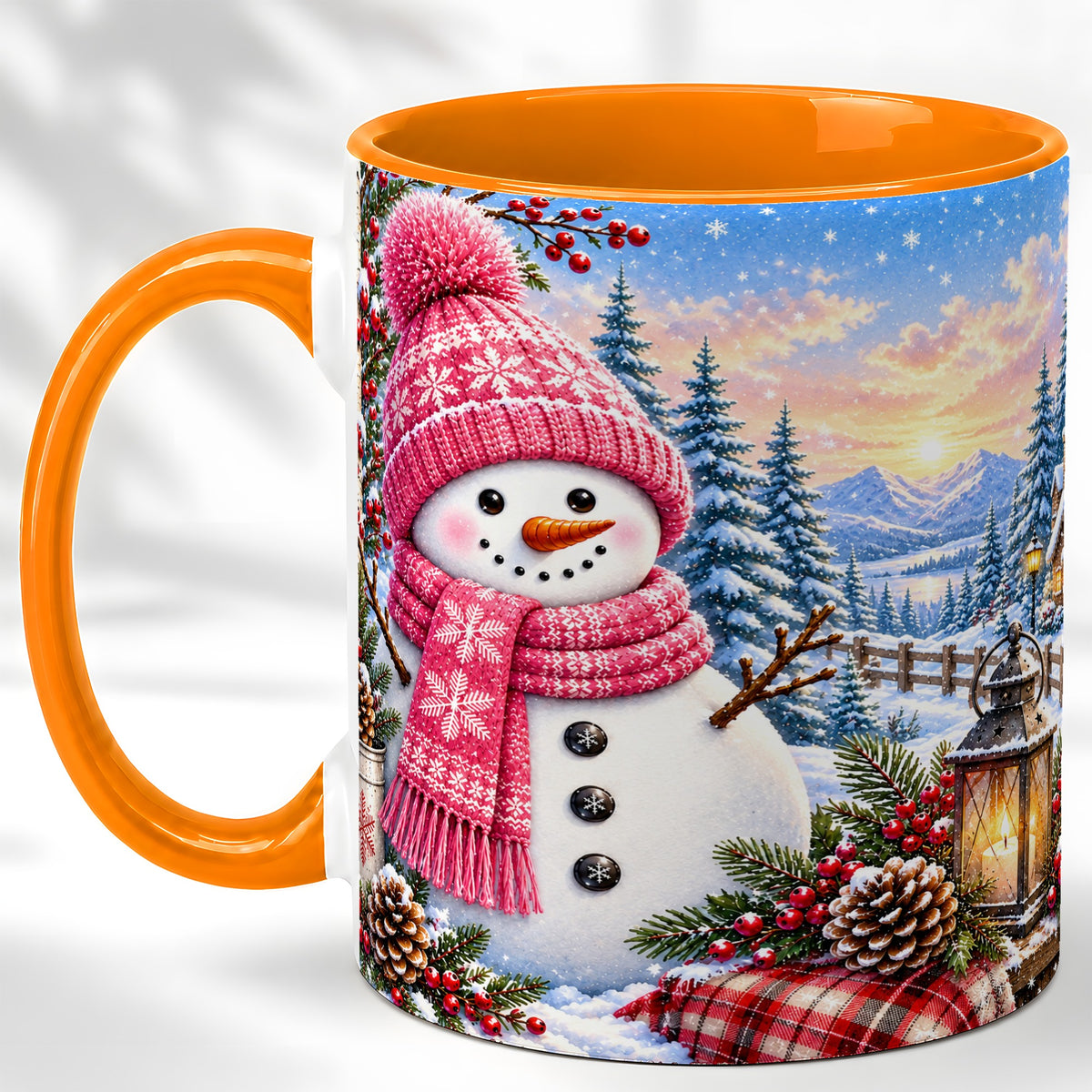 #pl[11oz|Orange] Pink Snowman Coffee Mug, Cozy Winter Mug, Ceramic Cup