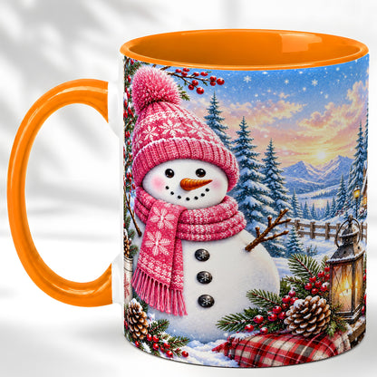 #pl[11oz|Orange] Pink Snowman Coffee Mug, Cozy Winter Mug, Ceramic Cup