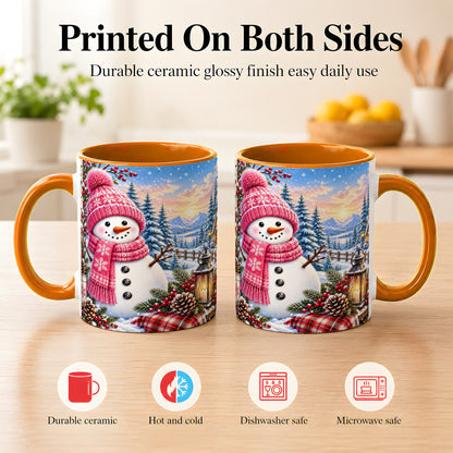 #pl[11oz|Orange] Pink Snowman Coffee Mug, Cozy Winter Mug, Ceramic Cup
