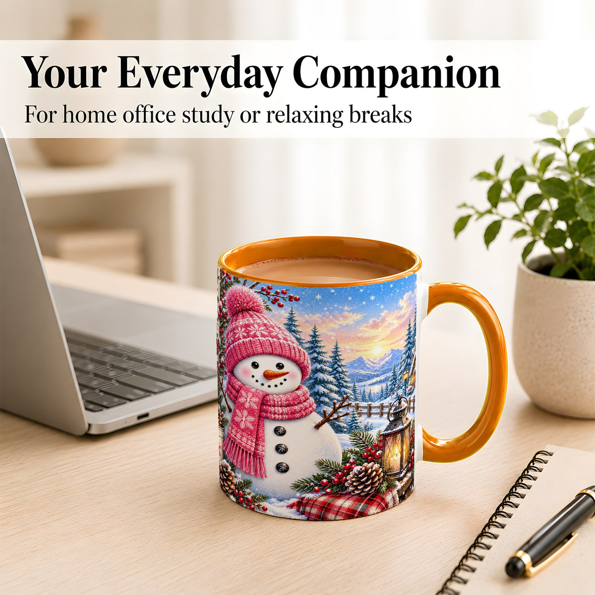 #pl[11oz|Orange] Pink Snowman Coffee Mug, Cozy Winter Mug, Ceramic Cup