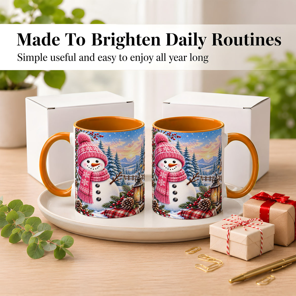 #pl[11oz|Orange] Pink Snowman Coffee Mug, Cozy Winter Mug, Ceramic Cup