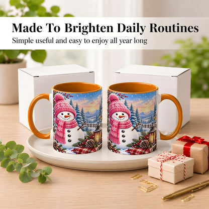 #pl[11oz|Orange] Pink Snowman Coffee Mug, Cozy Winter Mug, Ceramic Cup