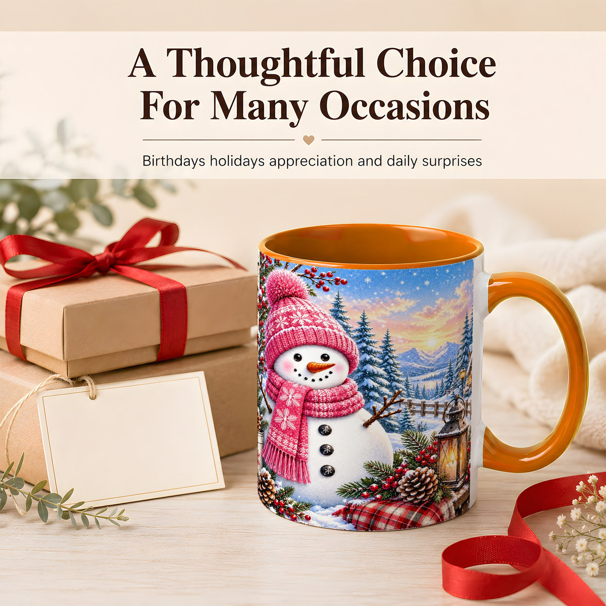 #pl[11oz|Orange] Pink Snowman Coffee Mug, Cozy Winter Mug, Ceramic Cup