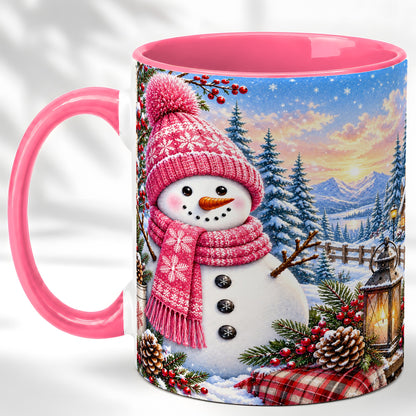 #pl[11oz|Pink] Pink Snowman Coffee Mug, Cozy Winter Mug, Ceramic Cup