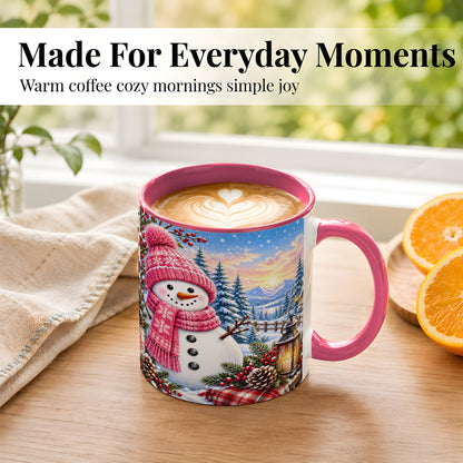 #pl[11oz|Pink] Pink Snowman Coffee Mug, Cozy Winter Mug, Ceramic Cup