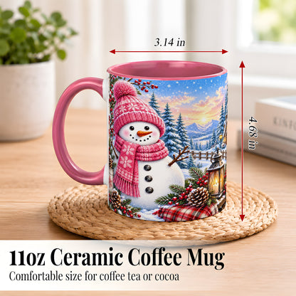 #pl[11oz|Pink] Pink Snowman Coffee Mug, Cozy Winter Mug, Ceramic Cup