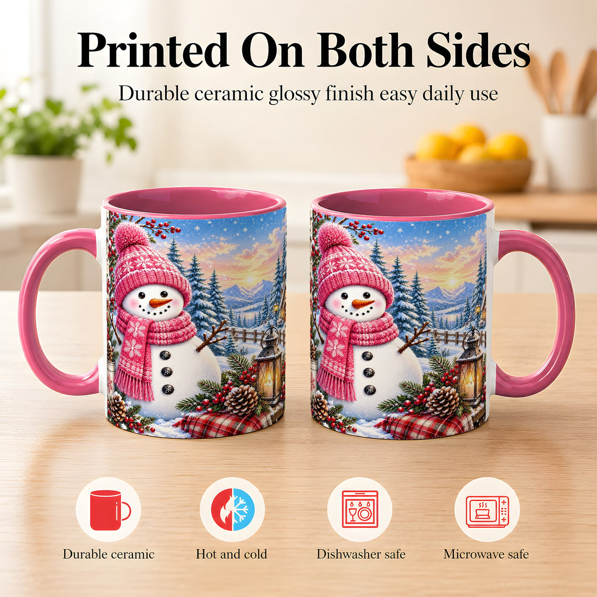 #pl[11oz|Pink] Pink Snowman Coffee Mug, Cozy Winter Mug, Ceramic Cup