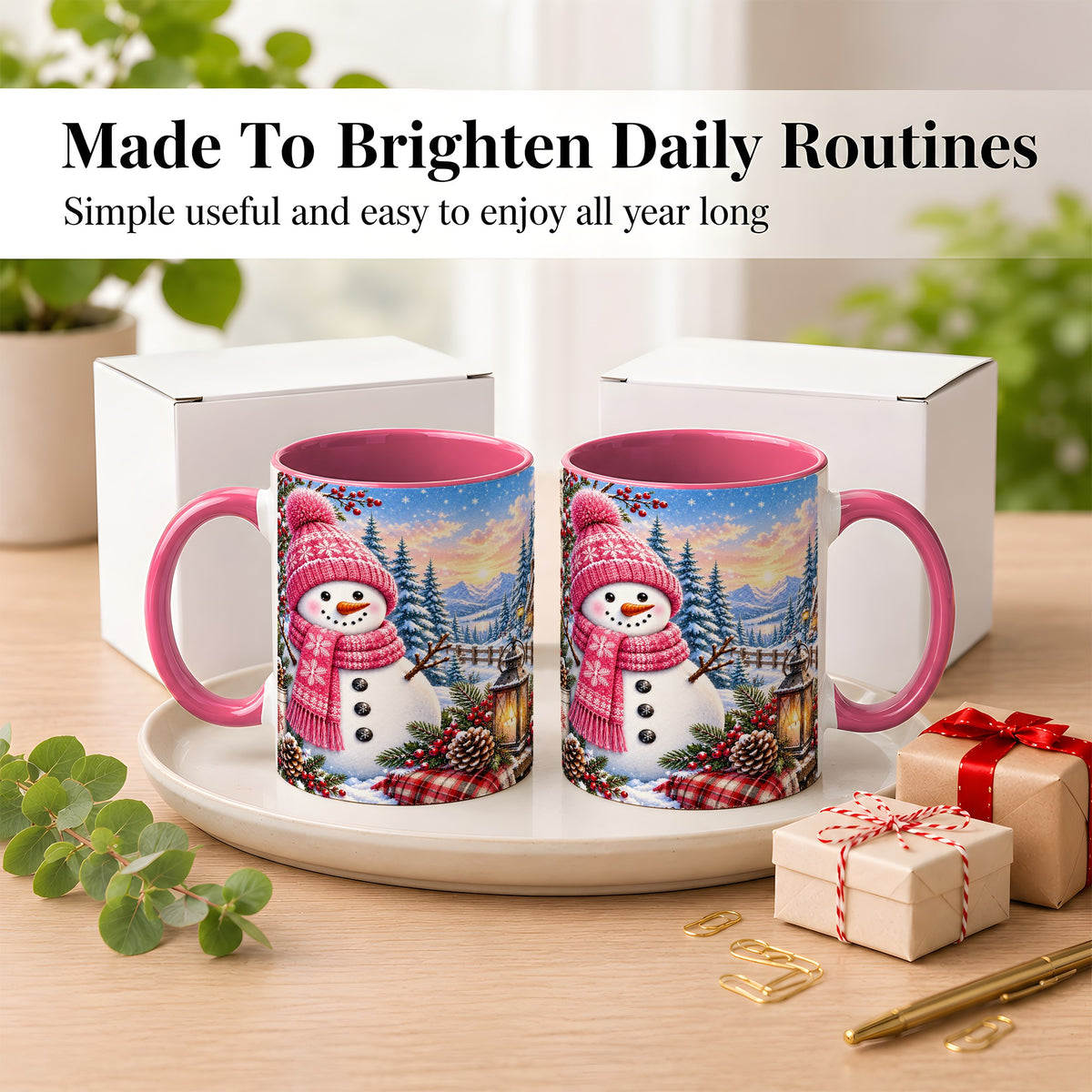 #pl[11oz|Pink] Pink Snowman Coffee Mug, Cozy Winter Mug, Ceramic Cup