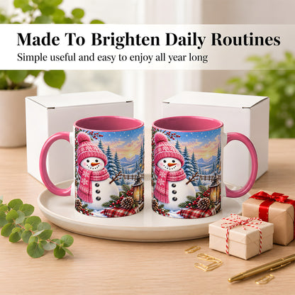#pl[11oz|Pink] Pink Snowman Coffee Mug, Cozy Winter Mug, Ceramic Cup