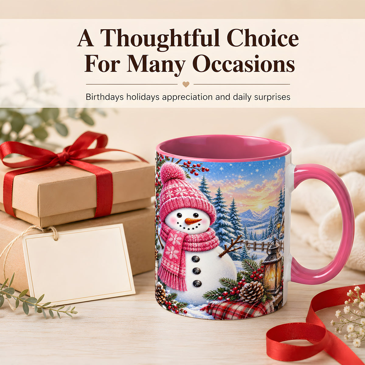 #pl[11oz|Pink] Pink Snowman Coffee Mug, Cozy Winter Mug, Ceramic Cup