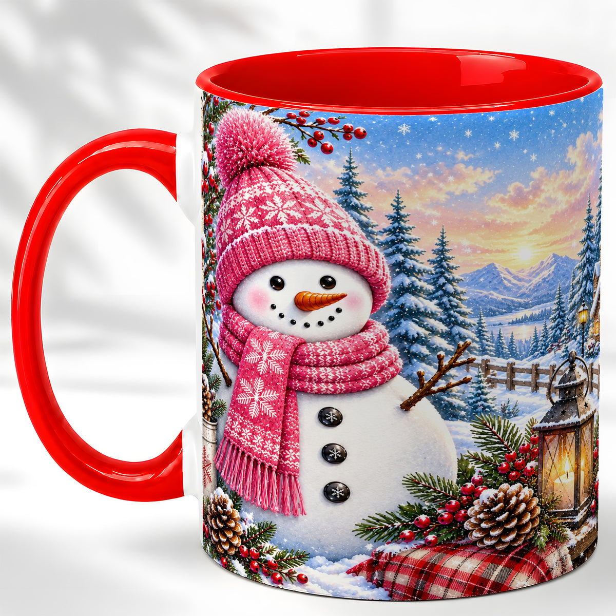 Pink Snowman Coffee Mug, Cozy Winter Mug, Ceramic Cup