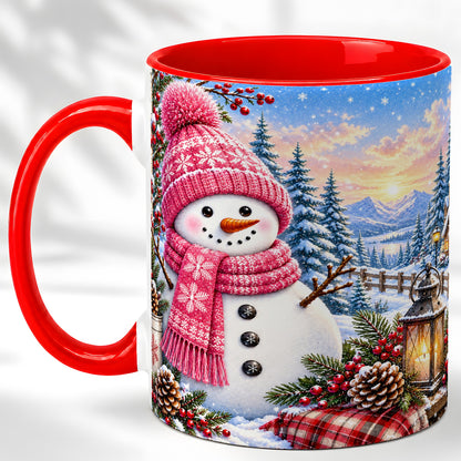 Pink Snowman Coffee Mug, Cozy Winter Mug, Ceramic Cup