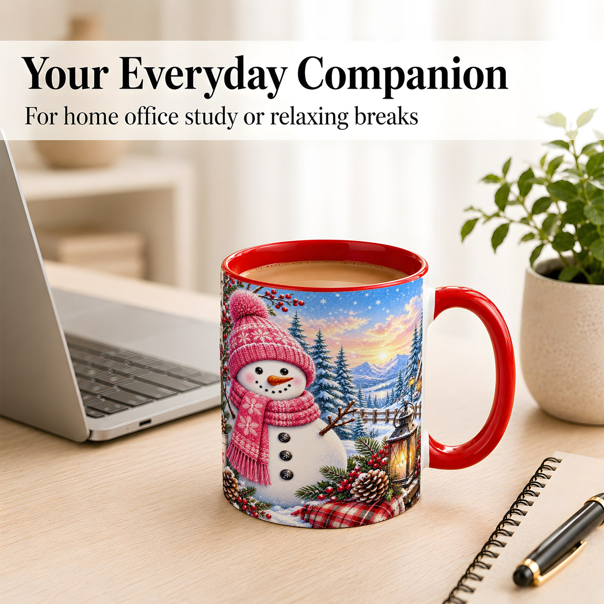 #pl[11oz|Red] Pink Snowman Coffee Mug, Cozy Winter Mug, Ceramic Cup