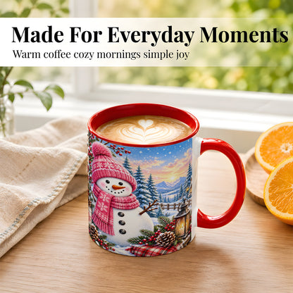 #pl[11oz|Red] Pink Snowman Coffee Mug, Cozy Winter Mug, Ceramic Cup