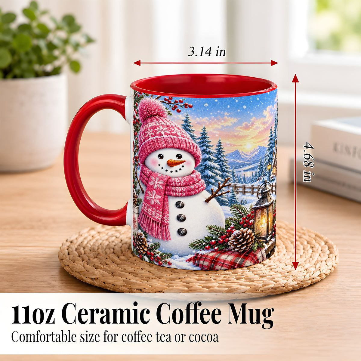 #pl[11oz|Red] Pink Snowman Coffee Mug, Cozy Winter Mug, Ceramic Cup