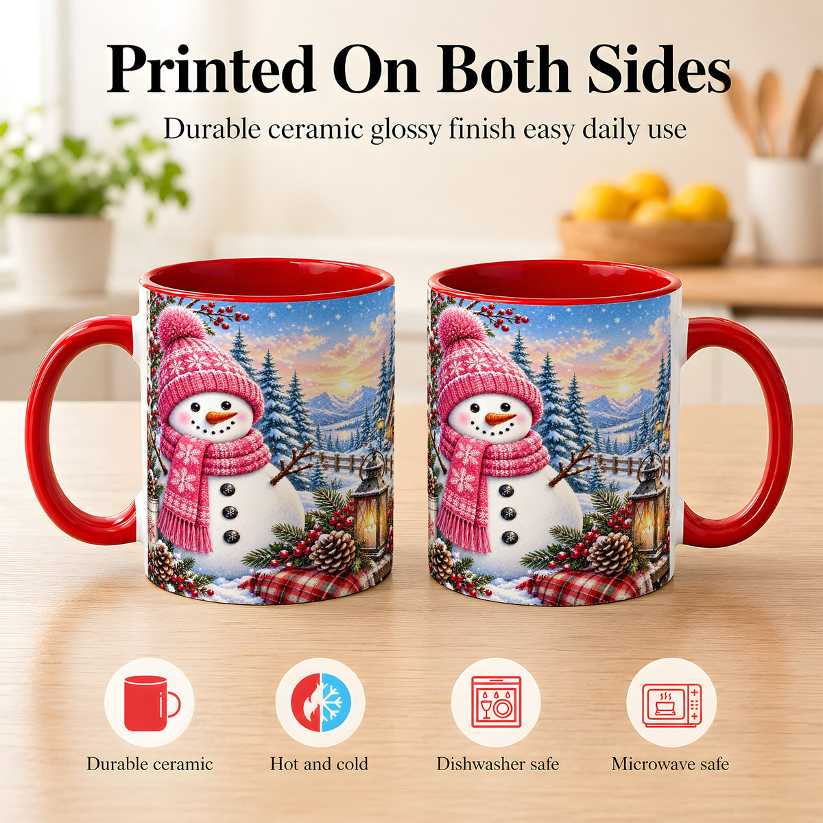 #pl[11oz|Red] Pink Snowman Coffee Mug, Cozy Winter Mug, Ceramic Cup