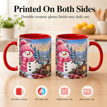 #pl[11oz|Red] Pink Snowman Coffee Mug, Cozy Winter Mug, Ceramic Cup