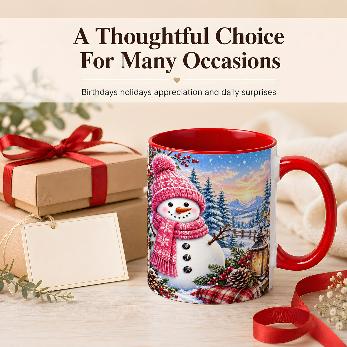 #pl[11oz|Red] Pink Snowman Coffee Mug, Cozy Winter Mug, Ceramic Cup