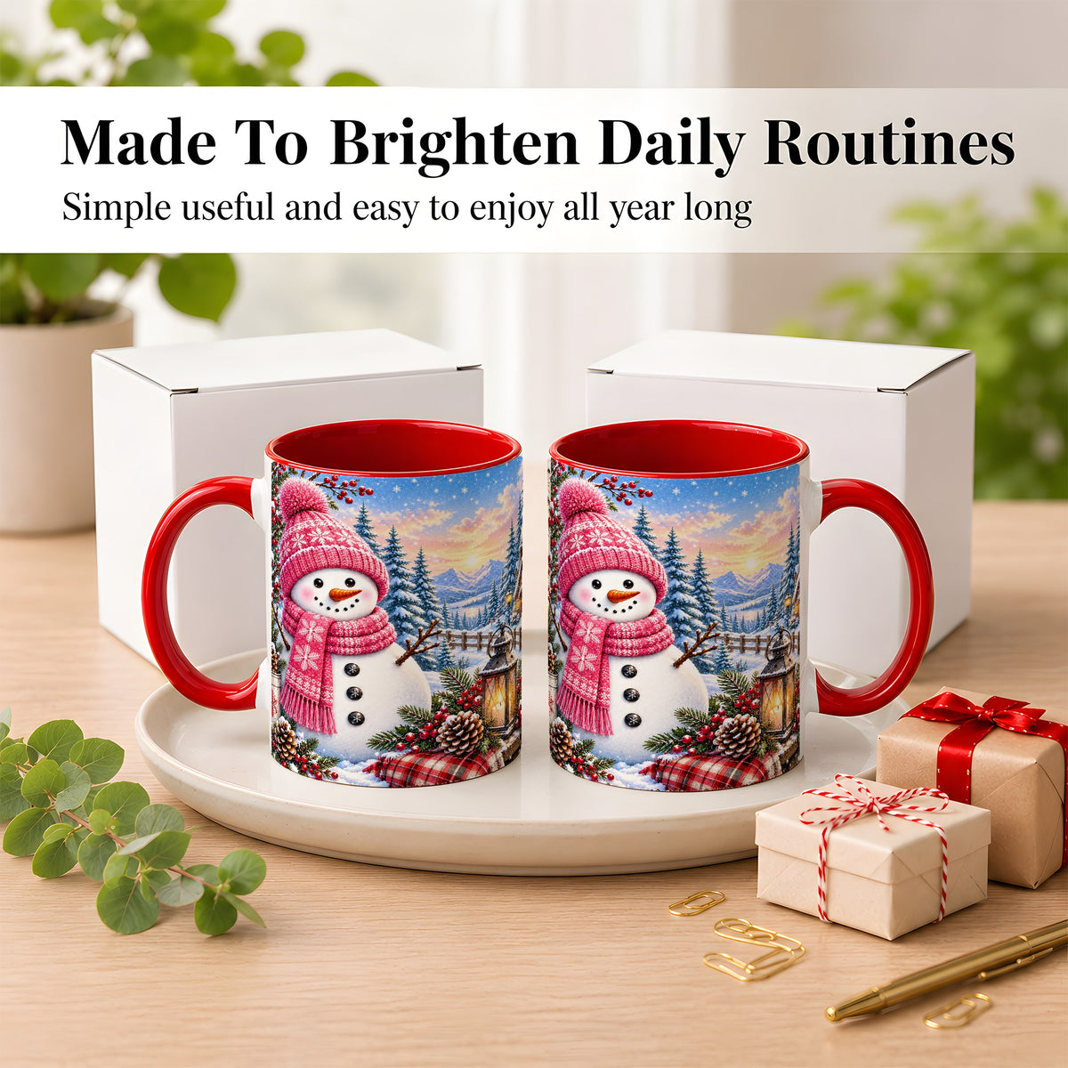 #pl[11oz|Red] Pink Snowman Coffee Mug, Cozy Winter Mug, Ceramic Cup