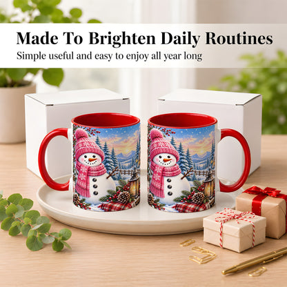 #pl[11oz|Red] Pink Snowman Coffee Mug, Cozy Winter Mug, Ceramic Cup