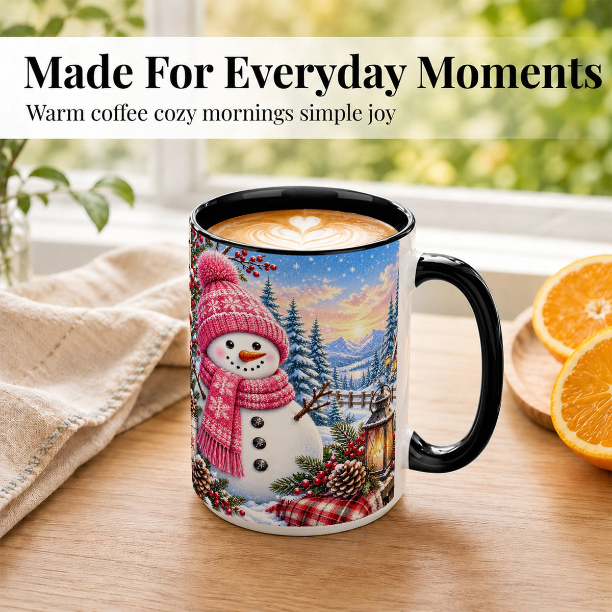 #pl[15oz|Black] Pink Snowman Coffee Mug, Cozy Winter Mug, Ceramic Cup