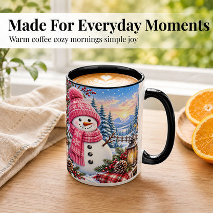 #pl[15oz|Black] Pink Snowman Coffee Mug, Cozy Winter Mug, Ceramic Cup