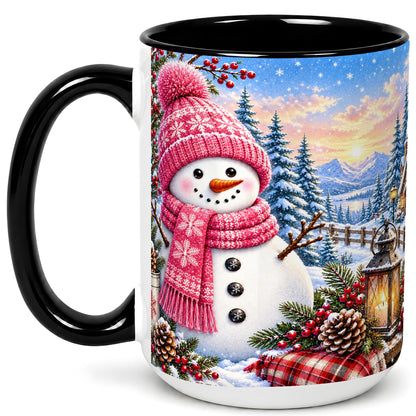 #pl[15oz|Black] Pink Snowman Coffee Mug, Cozy Winter Mug, Ceramic Cup