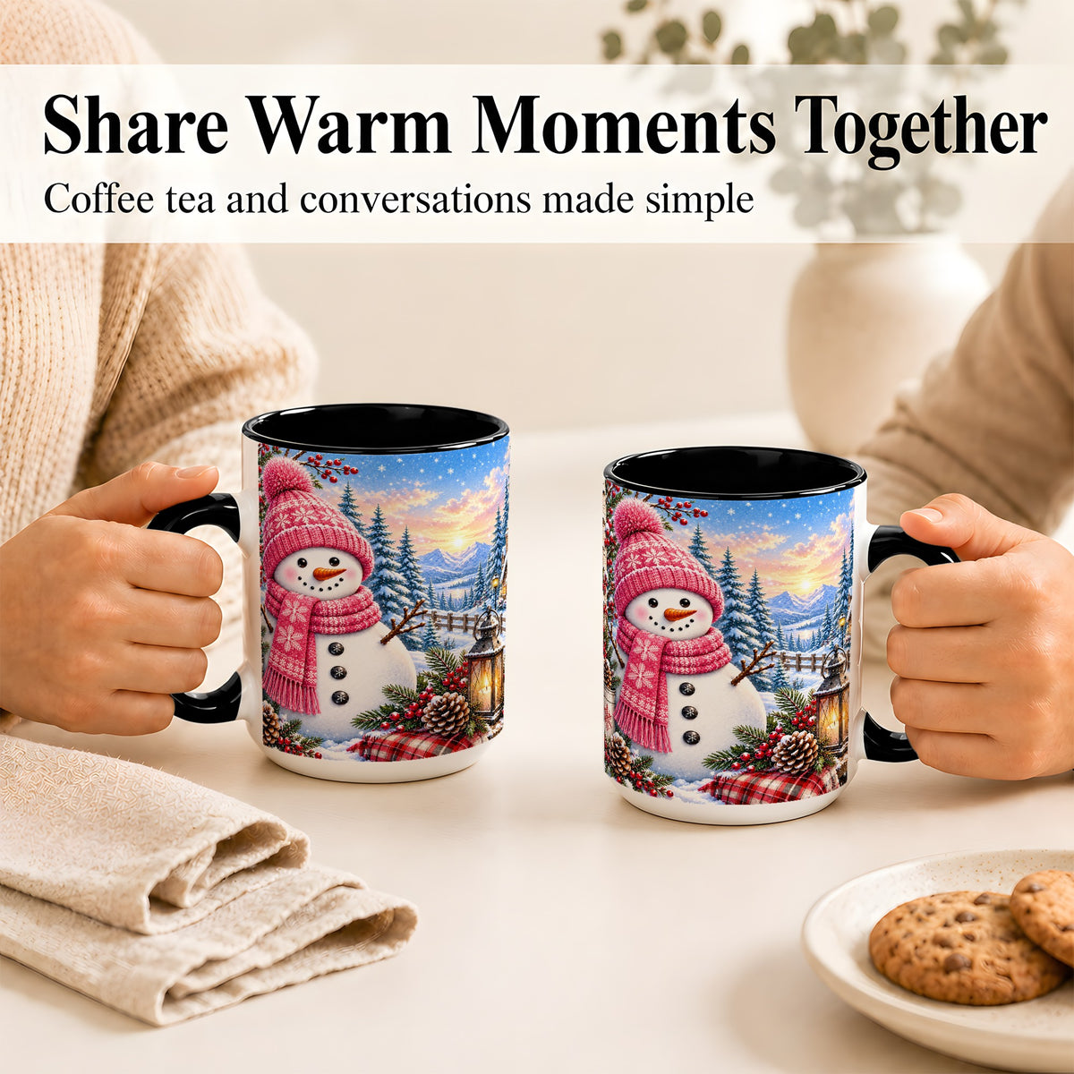 #pl[15oz|Black] Pink Snowman Coffee Mug, Cozy Winter Mug, Ceramic Cup
