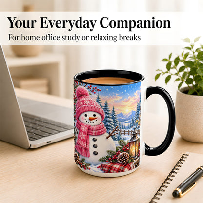 #pl[15oz|Black] Pink Snowman Coffee Mug, Cozy Winter Mug, Ceramic Cup