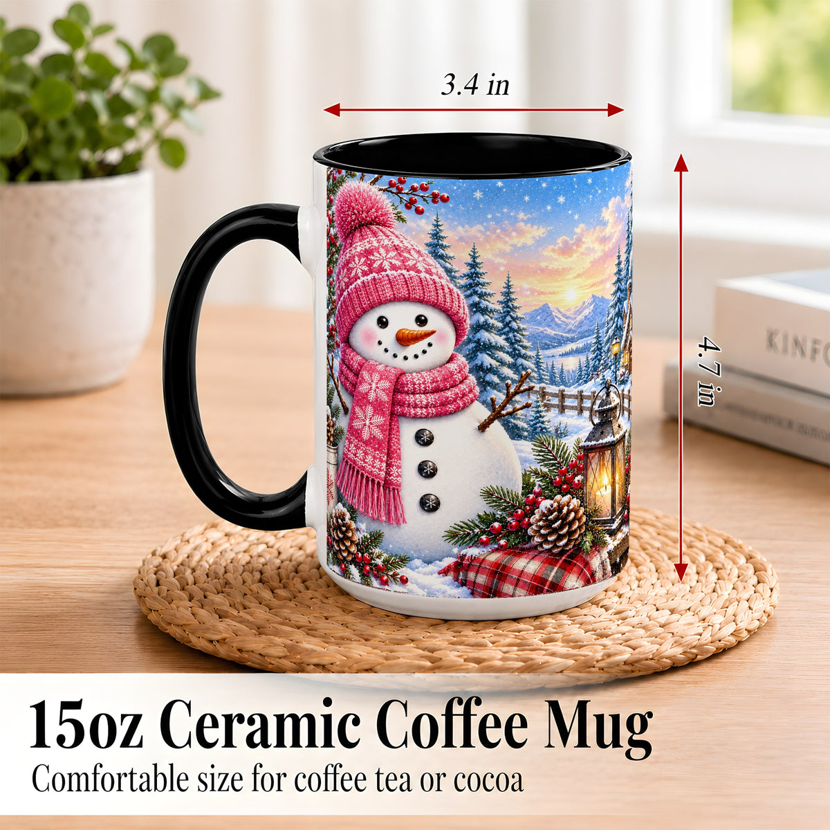#pl[15oz|Black] Pink Snowman Coffee Mug, Cozy Winter Mug, Ceramic Cup