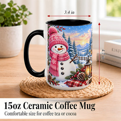 #pl[15oz|Black] Pink Snowman Coffee Mug, Cozy Winter Mug, Ceramic Cup