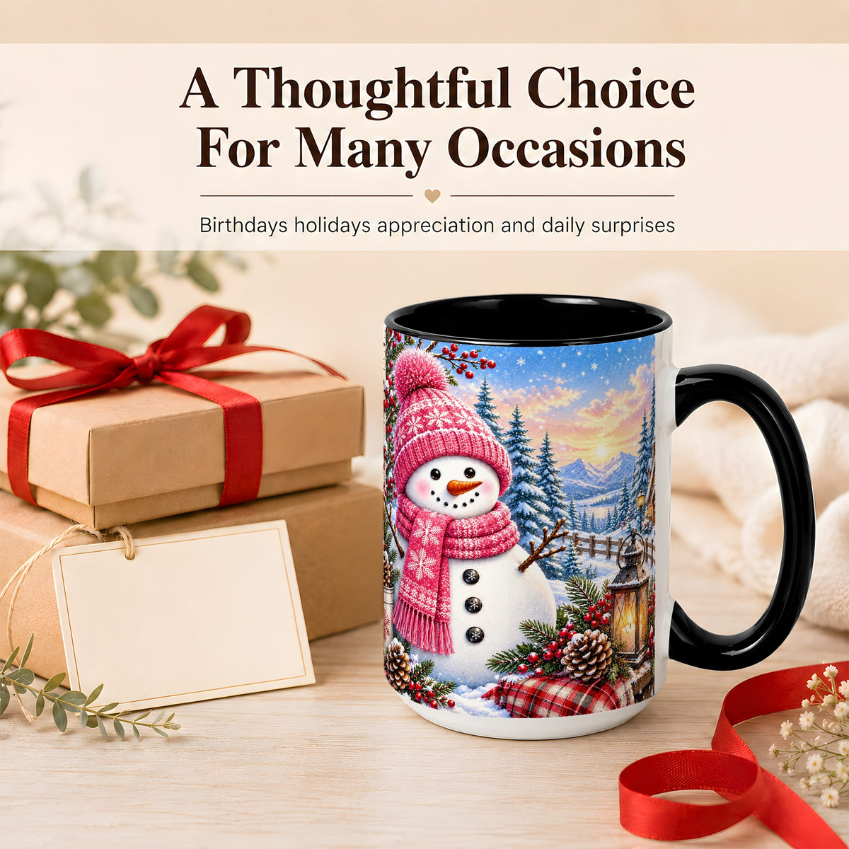 #pl[15oz|Black] Pink Snowman Coffee Mug, Cozy Winter Mug, Ceramic Cup