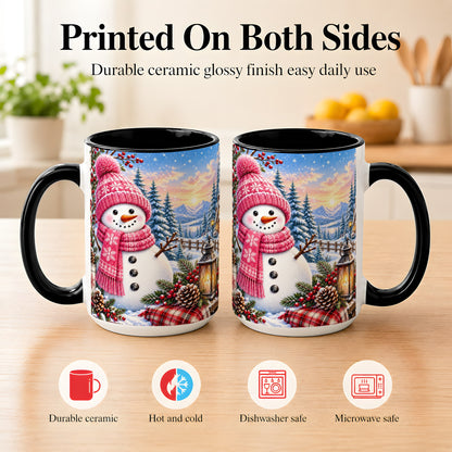 #pl[15oz|Black] Pink Snowman Coffee Mug, Cozy Winter Mug, Ceramic Cup