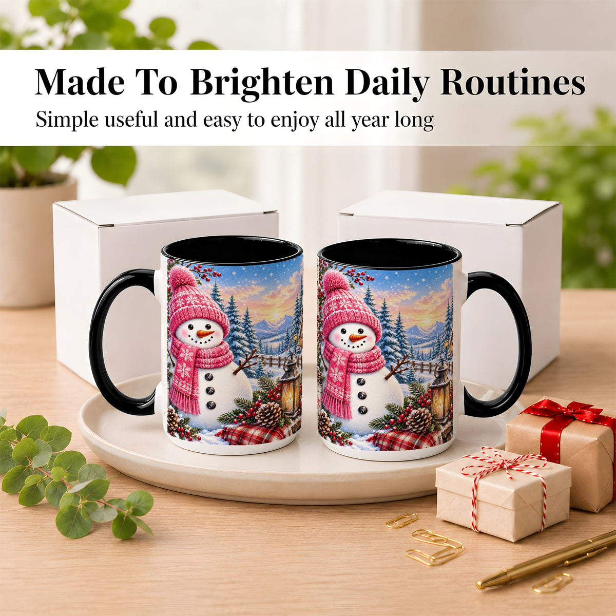 #pl[15oz|Black] Pink Snowman Coffee Mug, Cozy Winter Mug, Ceramic Cup