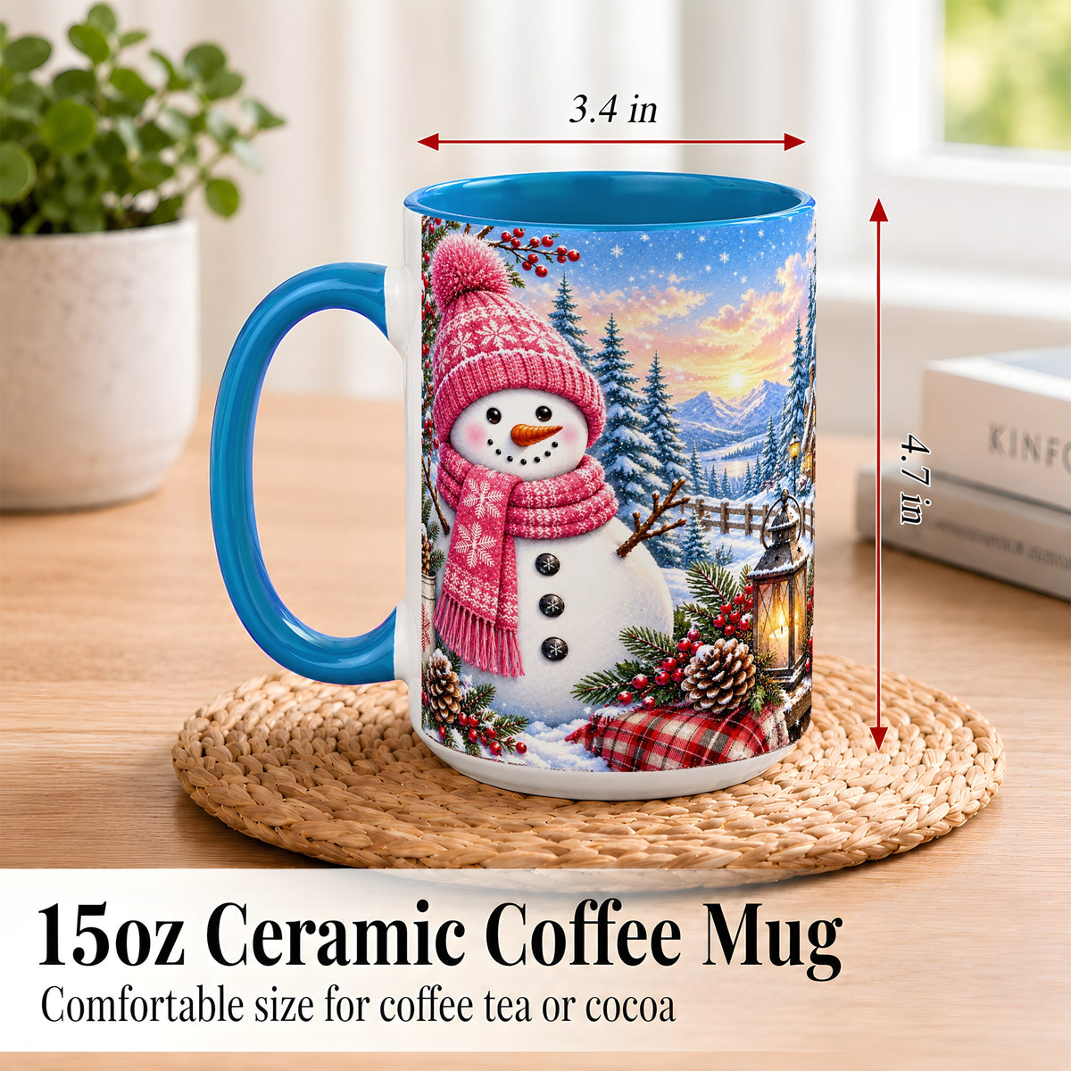 #pl[15oz|Blue] Pink Snowman Coffee Mug, Cozy Winter Mug, Ceramic Cup